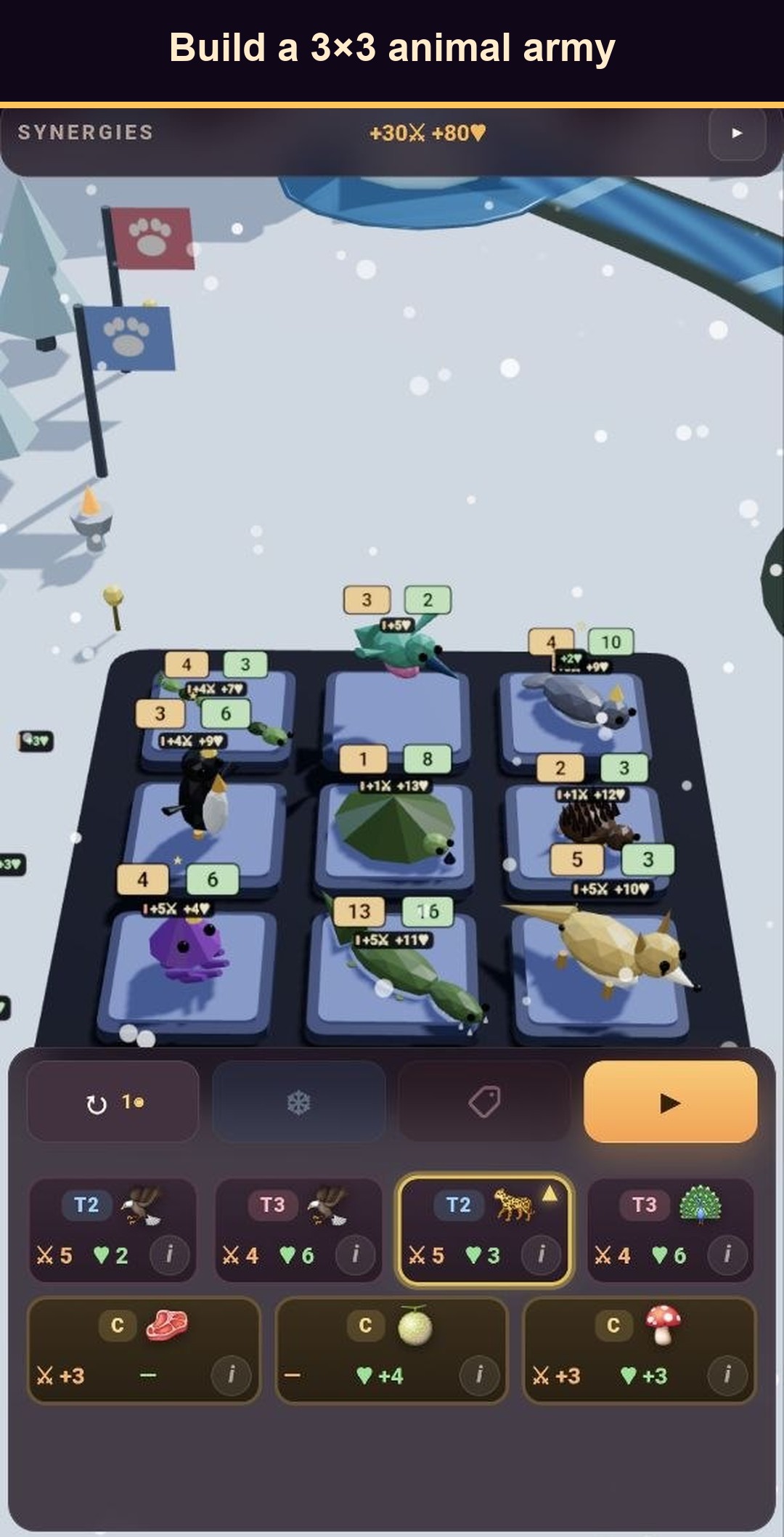 Animal Tactics shop: a 3 by 3 board of animals with the caption Build a 3 by 3 animal army