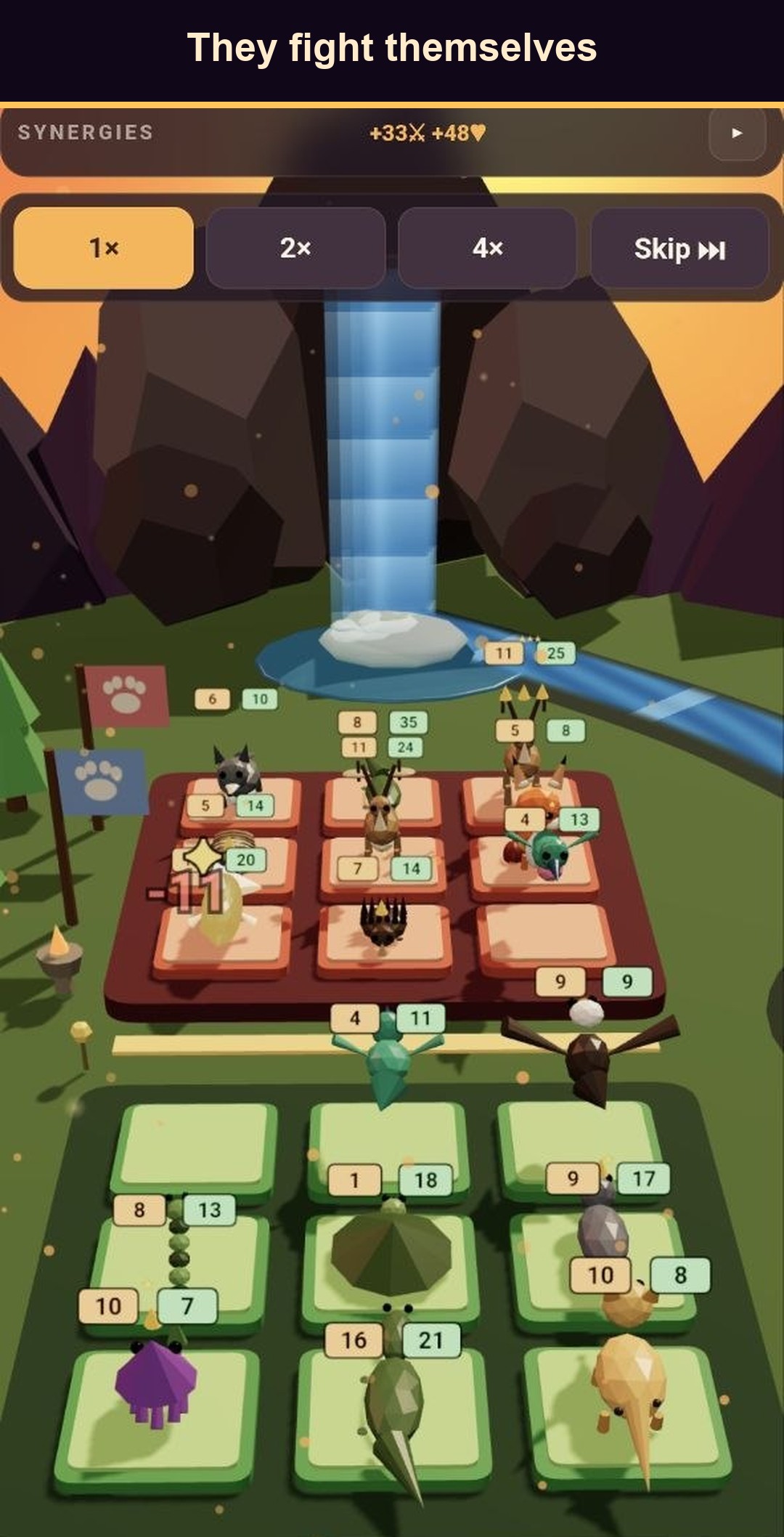 Animal Tactics battle: two animal boards fighting, captioned They fight themselves