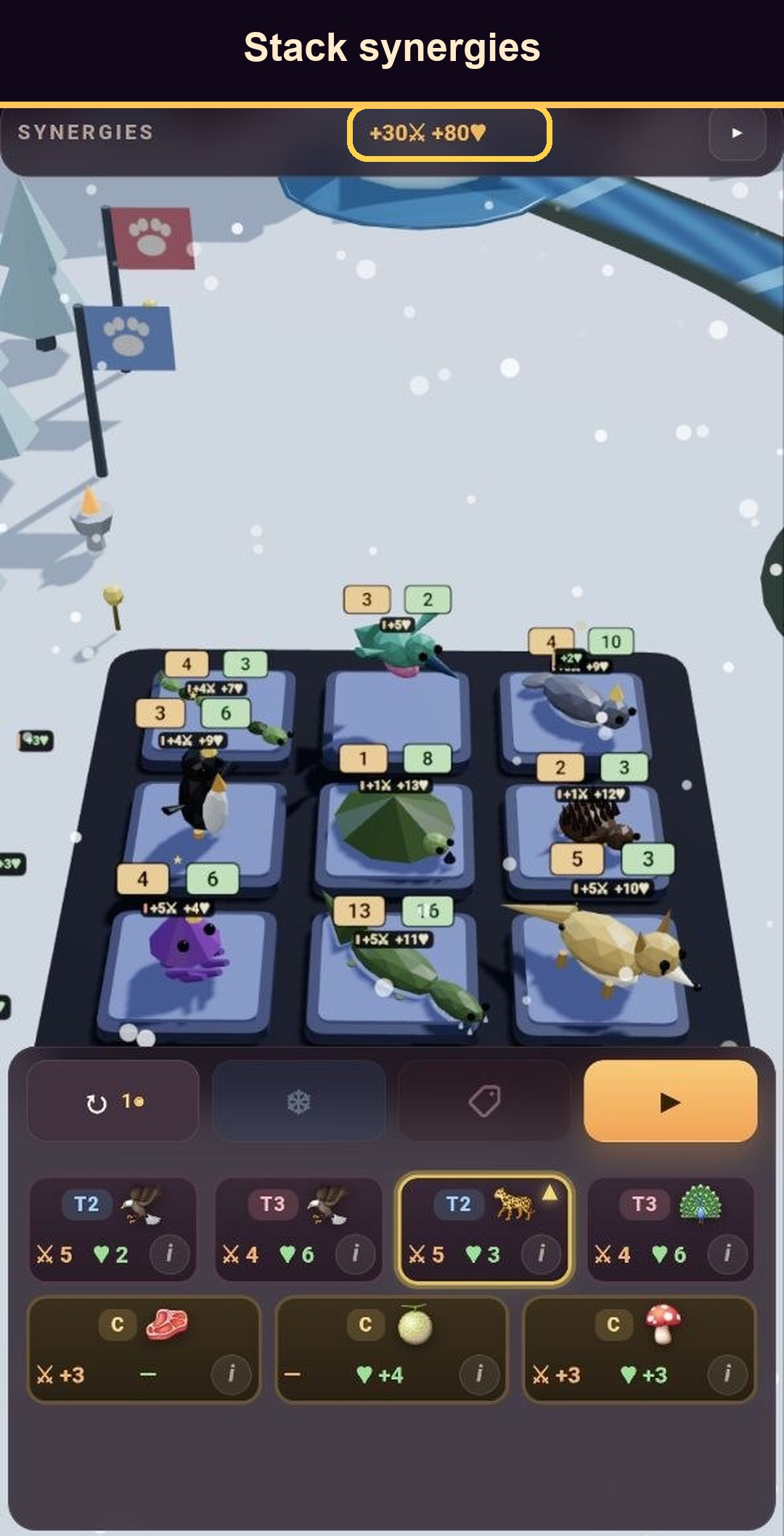 Animal Tactics synergy bonus highlighted, captioned Stack synergies