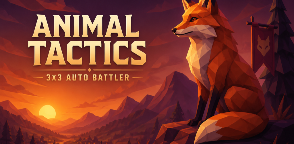 Animal Tactics: 3×3 auto battler — low-poly fox on a dusk mountain ridge